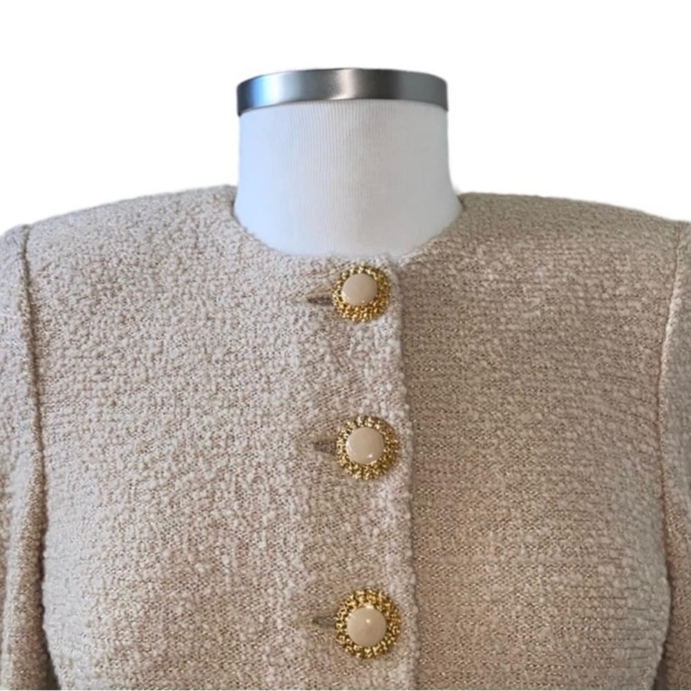 St. John Tan Boucle Knit Long Jacket and Skirt - Picture 2 of 10